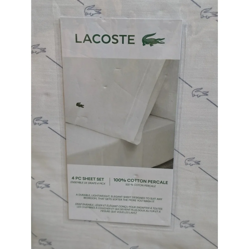Lacoste Cal King Sheet Set 4pc 100% Cotton Percale Diagonal Crocs Steel Blue NEW